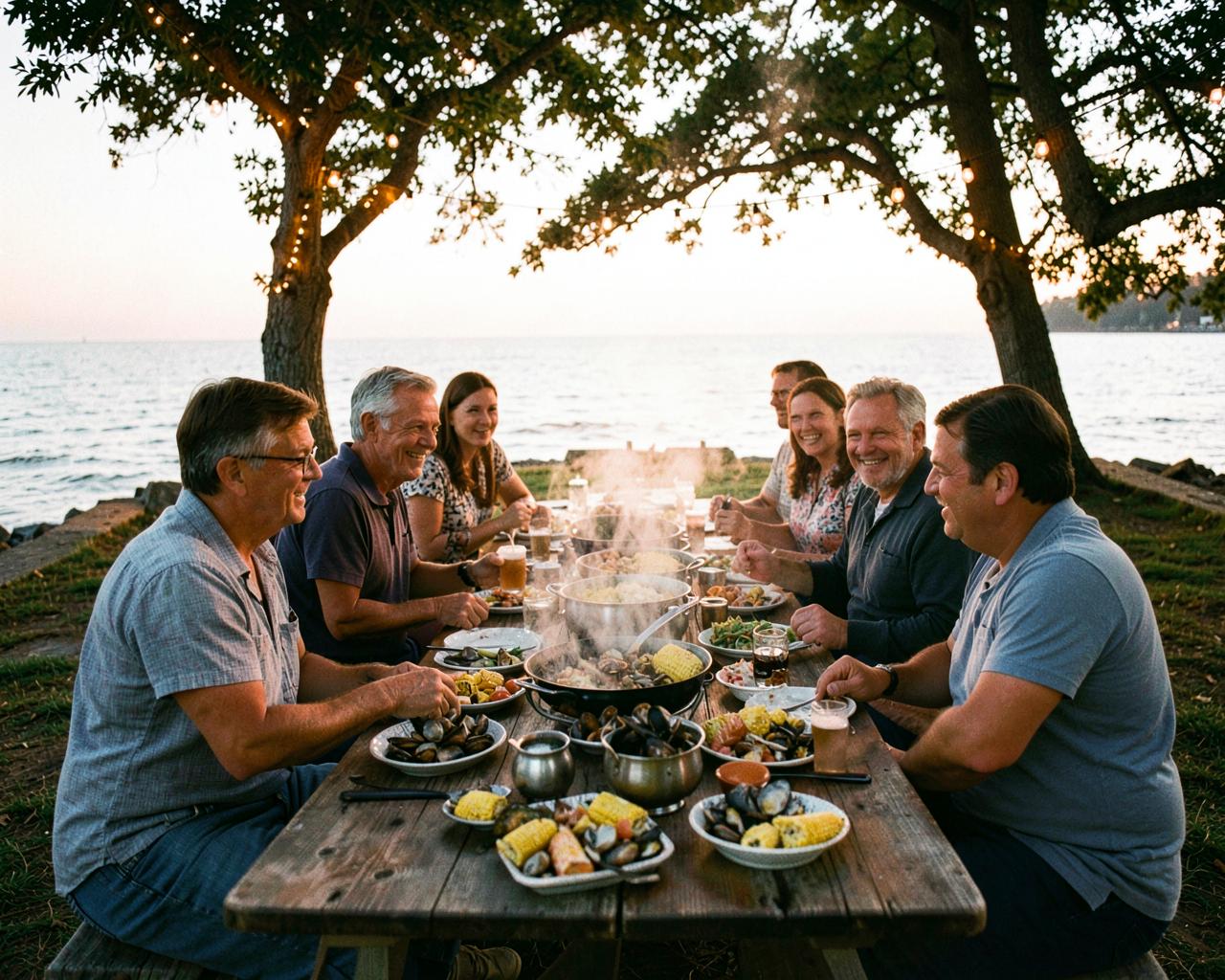 Neighbors at a summer clambake by the water