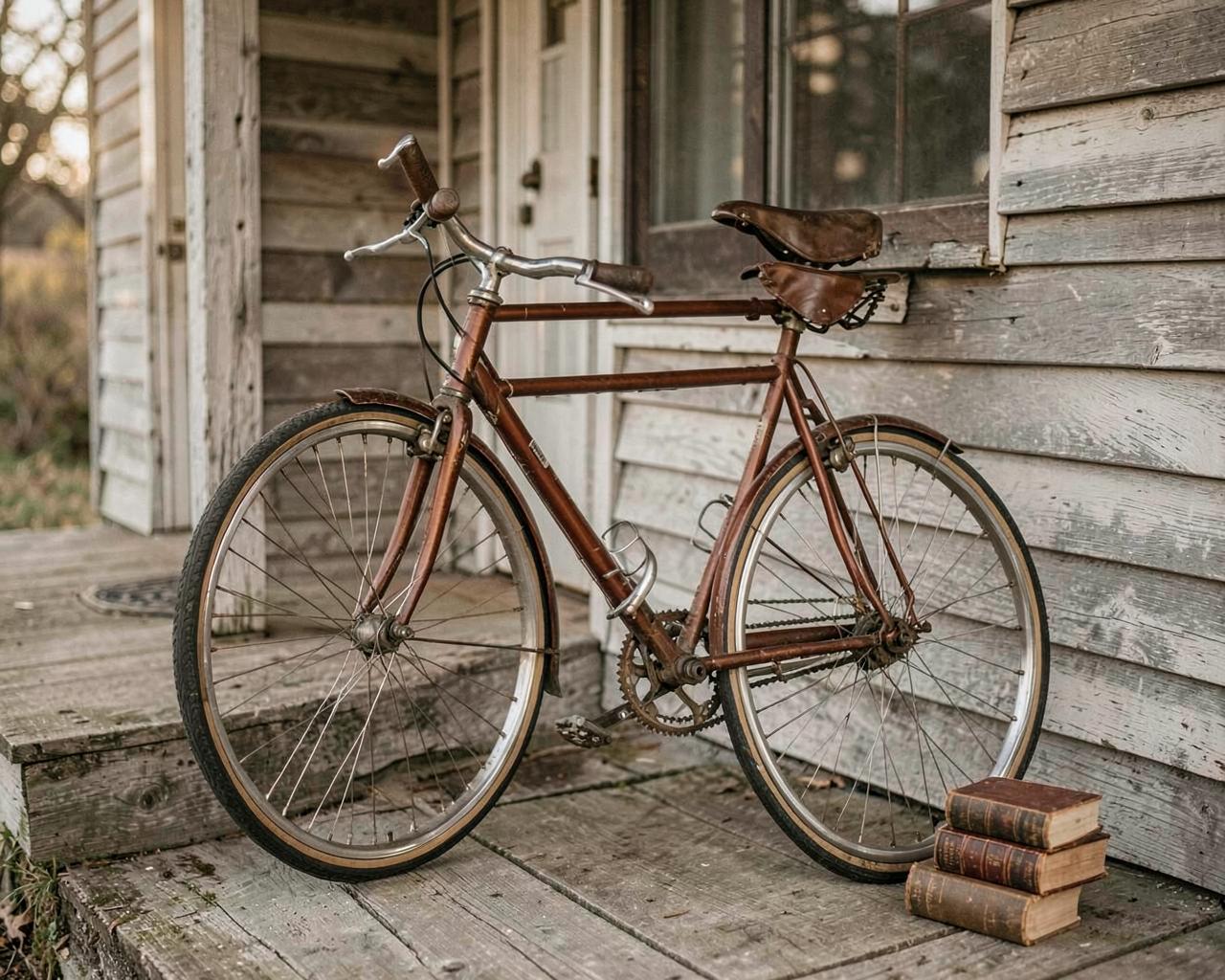 A vintage bicycle and a stack of books on a covered porch