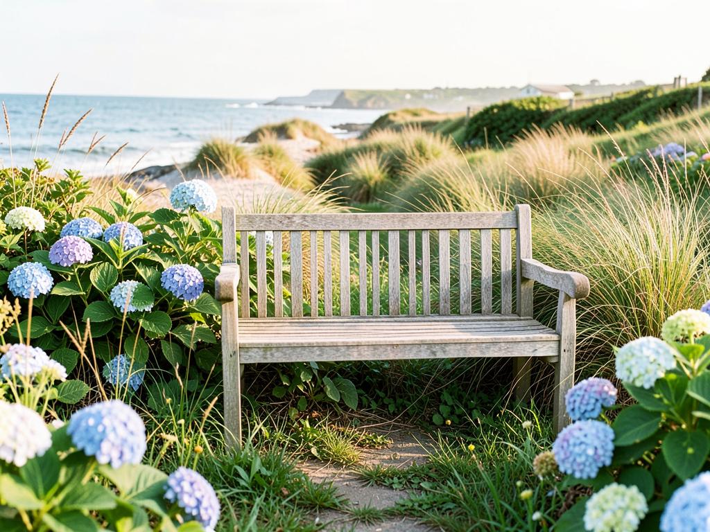 Weathered teak garden bench in a coastal garden