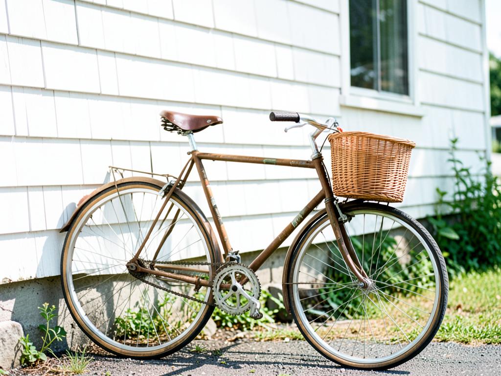 Vintage cruiser bicycle leaning against a cottage wall