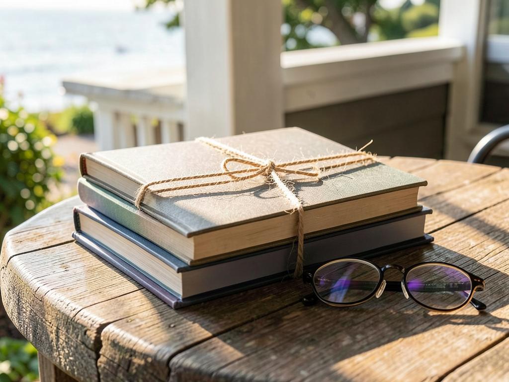 A stack of hardcover books tied with twine on a porch table