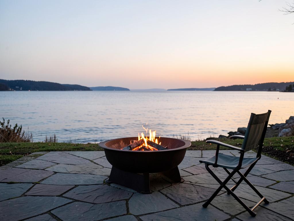 Cast-iron fire pit on a stone patio overlooking the bay