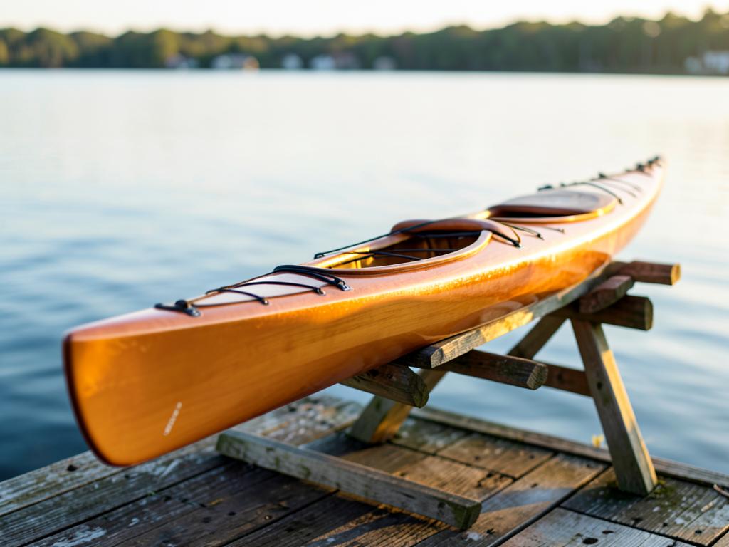 Cedar sea kayak on a wooden rack beside a dock