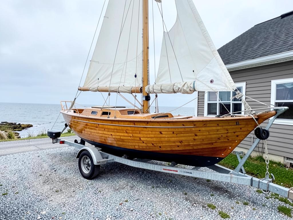 Small wooden daysailer on a trailer beside a boathouse