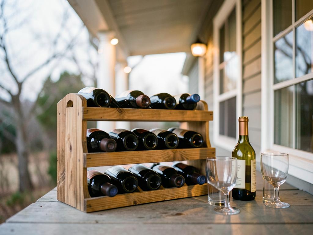 Wooden wine rack with a dozen bottles on a covered porch