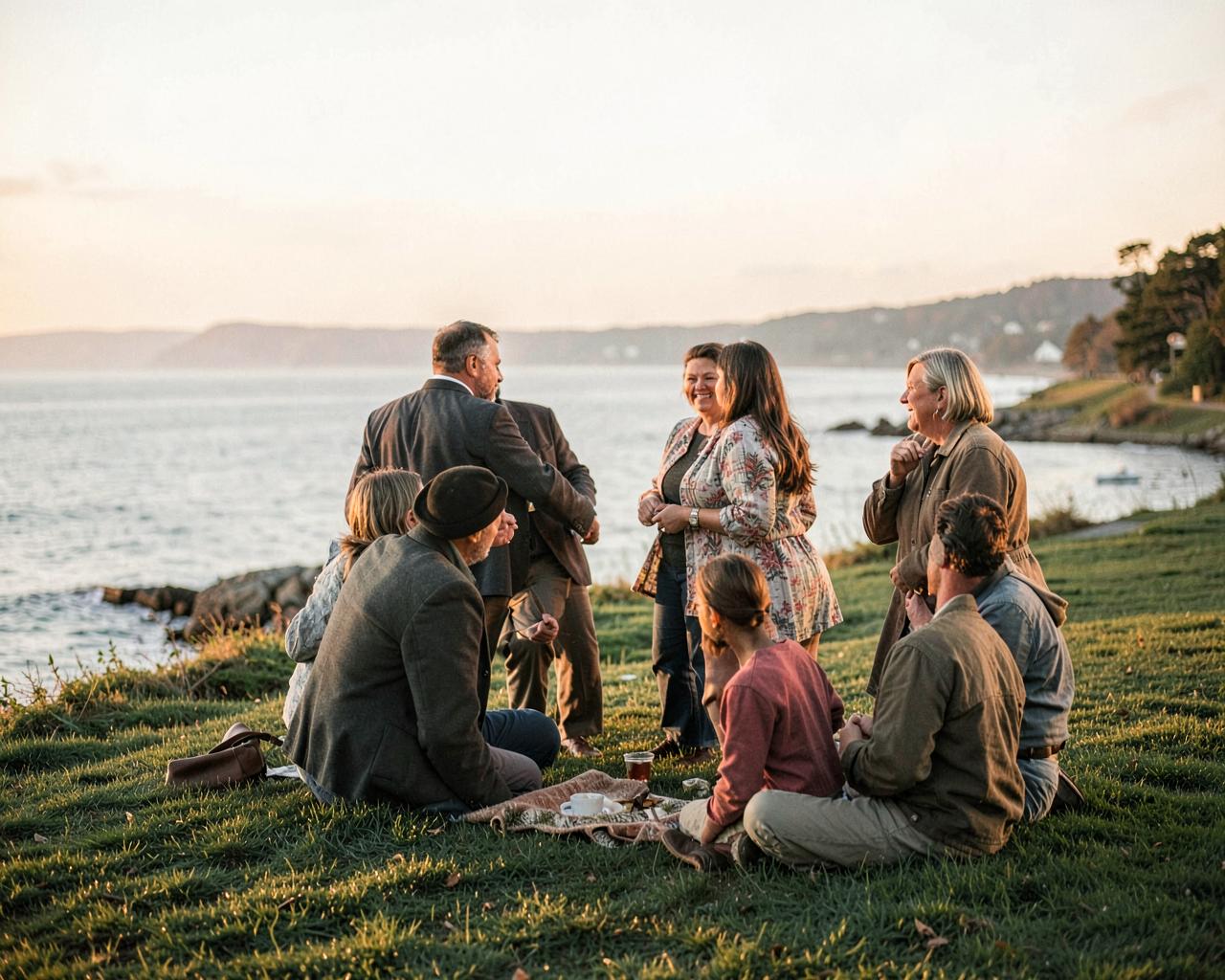 Neighbors gathering on a lawn beside the water